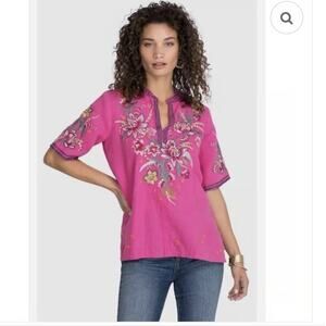 Johnny Was Sz M Jessica Top Pink Linen Embroidered Boho Vacation Cruise Artsy